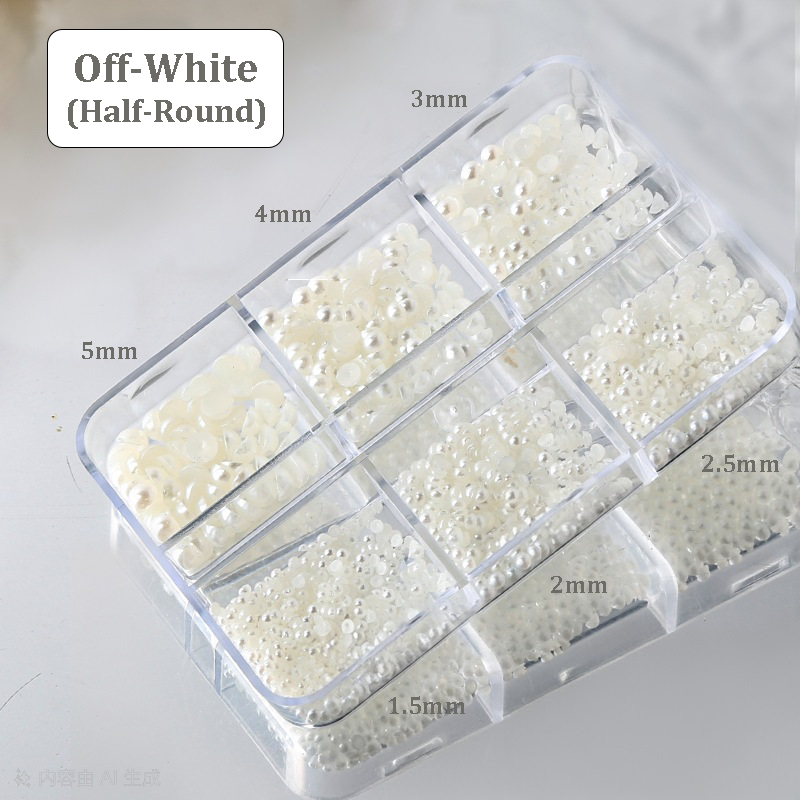 Round and Half Round Pearls - 6-Grid Off-White White Multiple sizes Nail 3D Art Accessories Charms and Gems Easy-to-Apply for Beginner Professional Creative Eye-Catching Manicures