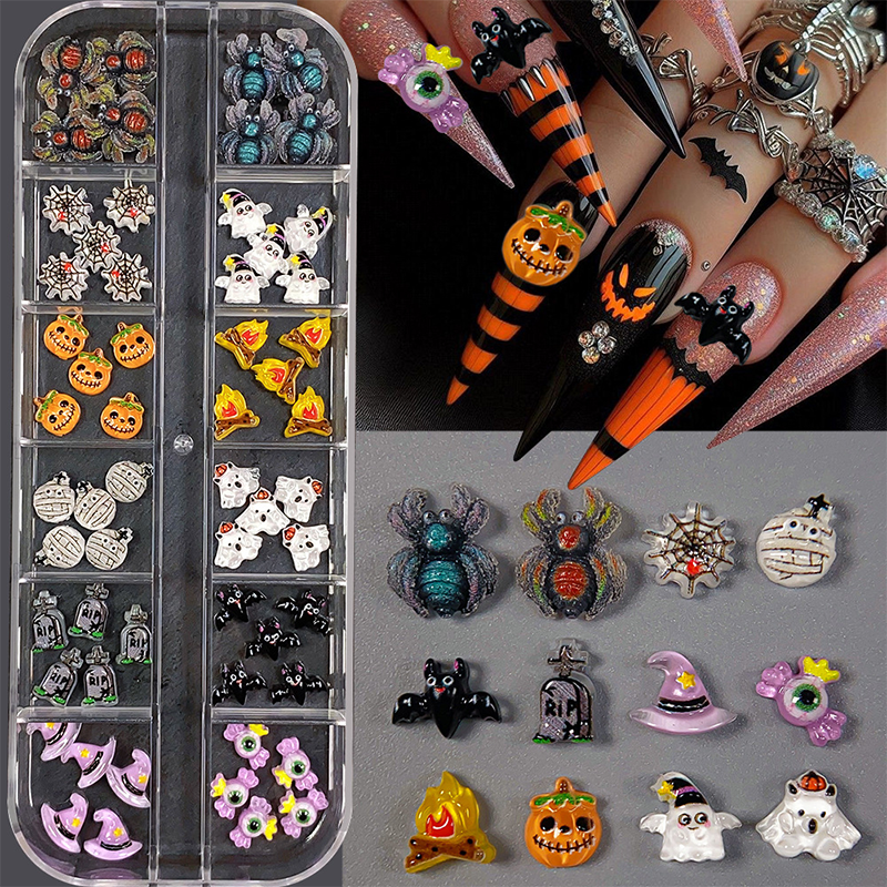 Halloween Resin Charm - 12-Grid Nail Accessories Easy-to-Apply for Creative Eye-Catching Manicures
