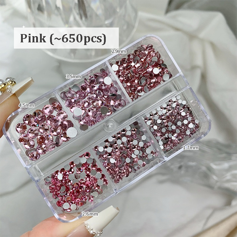 Rhinestones -  6-Grid Flatback Multiple Colorful Sizes Tiny Crystal Gemstones  for Beginner Professional Creative Eye-Catching Bedazzling Manicures