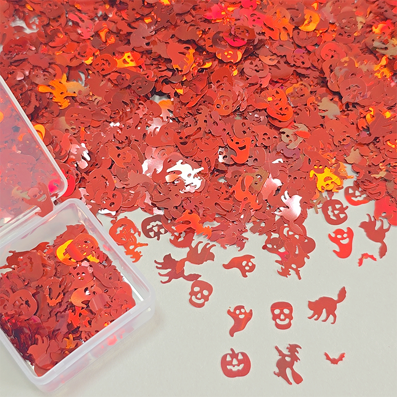 Halloween Sequins - Ultra-Thin Mix Skull Pumpkin Bat Ghost Cat Witch Design 3D Holographic Nail Art Glitter Supplies for Nails DIY Decorations