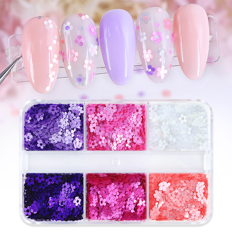 Plum Blossom Sequins - 6 Grids Thin Multiple Colors and Sizes 3D Holographic Colorful Circular Nail Art Glitter Supplies for Nails DIY Decorations