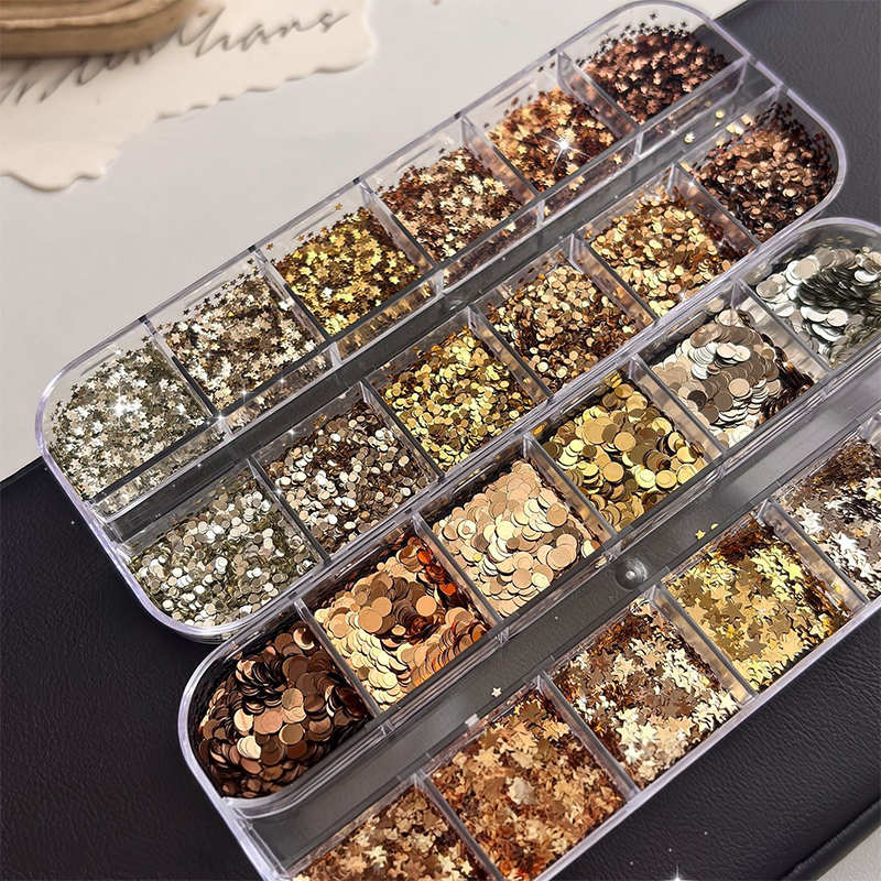 Mixed Star & Round Sequin Pack - 12 Grids Ultra-Thin Zero-Lift Engineering Nail Art Glitter Supplies for Nails DIY Decorations