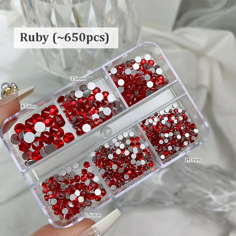 Rhinestones -  6-Grid Flatback Multiple Colorful Sizes Tiny Crystal Gemstones  for Beginner Professional Creative Eye-Catching Bedazzling Manicures