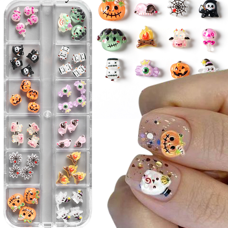 Halloween Resin Charm - 12-Grid Nail Accessories Easy-to-Apply for Creative Eye-Catching Manicures