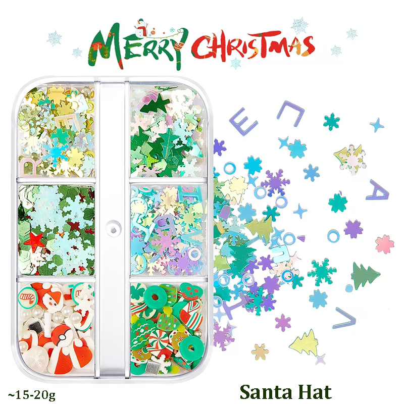 Christmas Clay + Sequins - Chunky Soft Polymer Clay Slices and Glitter Sequins Multiple Patterns Christmas Tree Pentagram Cruciform Star Triangle Round 3D Holographic Colorful Nail Art Glitter Supplies for Nails DIY Decorations