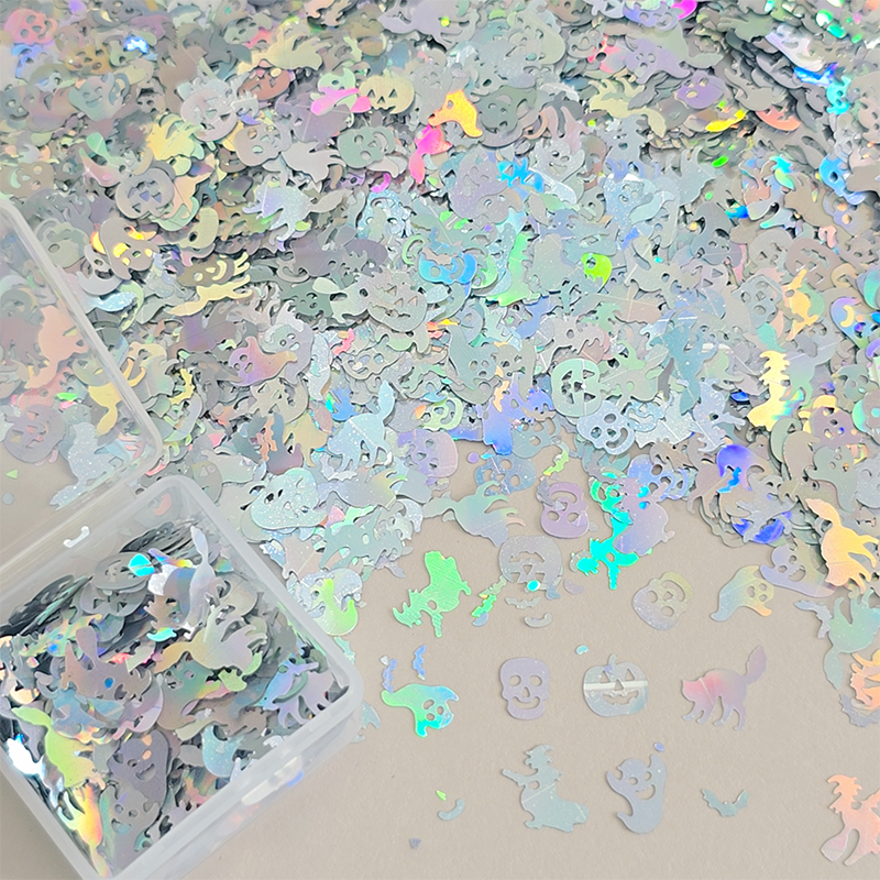Halloween Sequins - Ultra-Thin Mix Skull Pumpkin Bat Ghost Cat Witch Design 3D Holographic Nail Art Glitter Supplies for Nails DIY Decorations