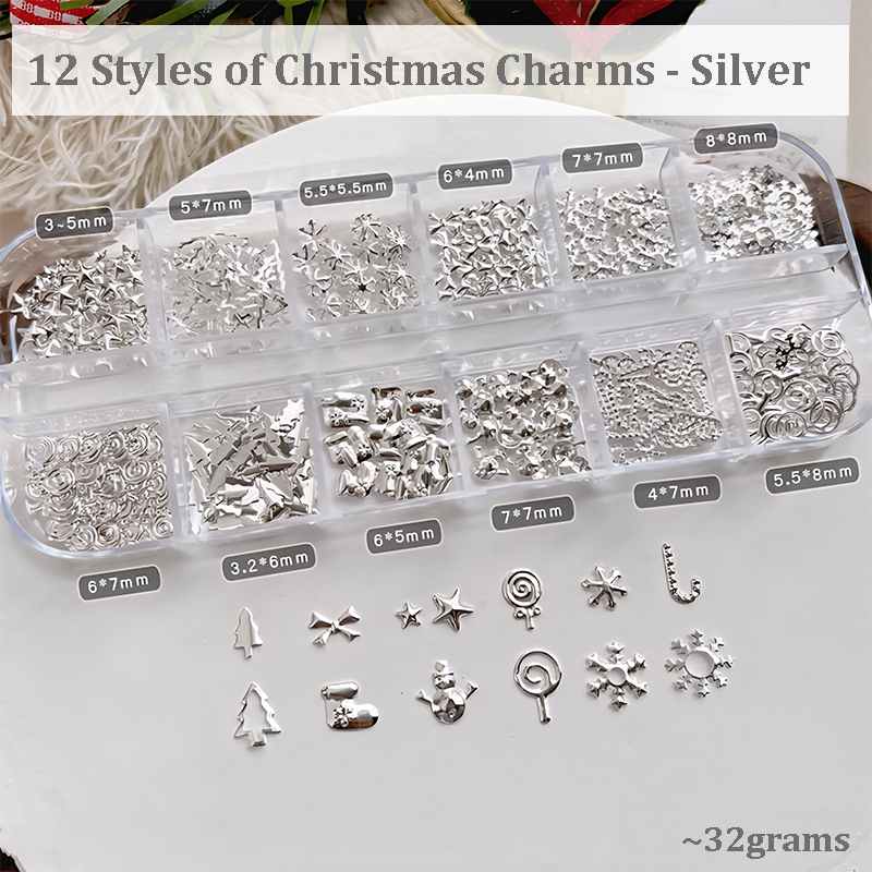 Christmas Charm - 12-Grid  Metallic Alloy Christmas Trees Nail 3D Art Accessories Easy-to-Apply for Beginner Professional Creative Eye-Catching Manicures