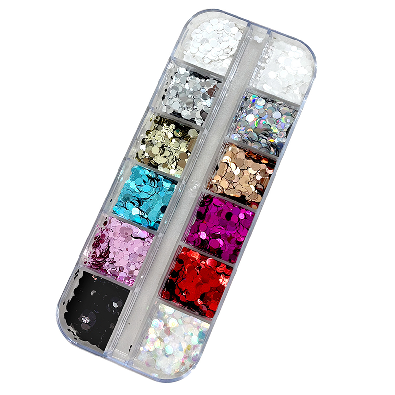 Dot Sequins - 12 Grids Thin Multiple Colors and Sizes 3D Holographic Colorful Circular Nail Art Glitter Supplies for Nails DIY Decorations