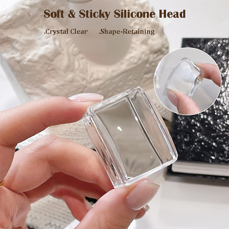 Stamper for Beginner -  Ice Cube Rectangular 25mm Wider Lager Silicone with Cap, Transparent Visible Body, No Misplacement for Stamping DIY, French Tip