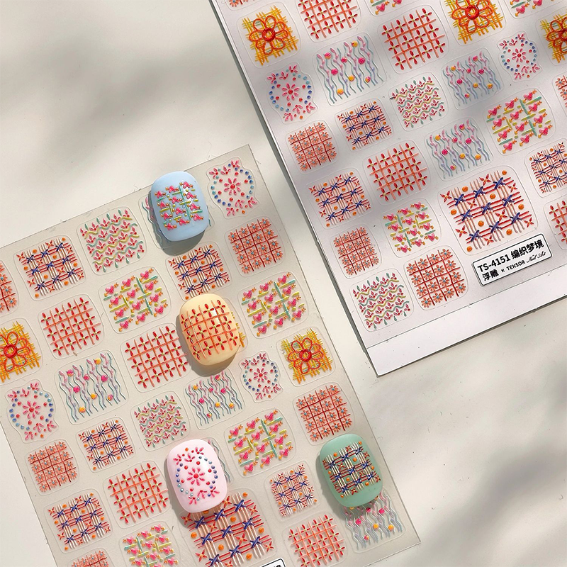 Plaid 3D Self-Adhesive Stickers - 3D Embossed Cute Decals for Nail Art Decoration