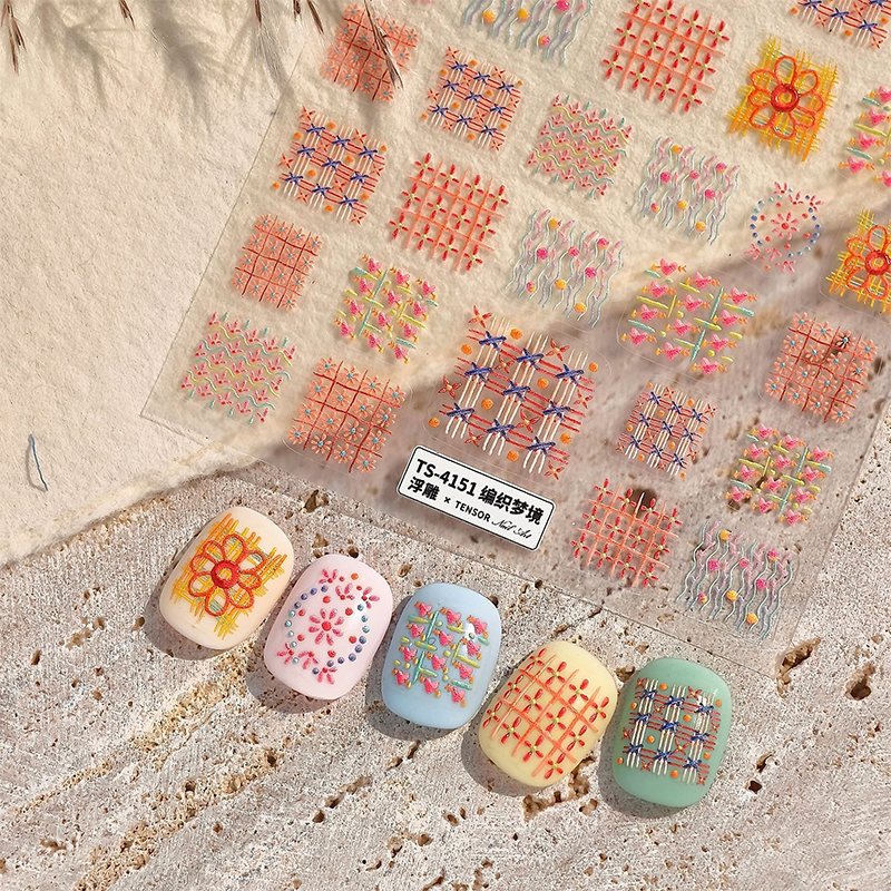 Plaid 3D Self-Adhesive Stickers - 3D Embossed Cute Decals for Nail Art Decoration