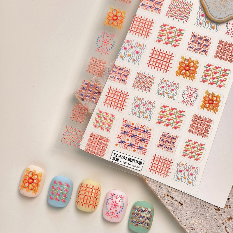Plaid 3D Self-Adhesive Stickers - 3D Embossed Cute Decals for Nail Art Decoration