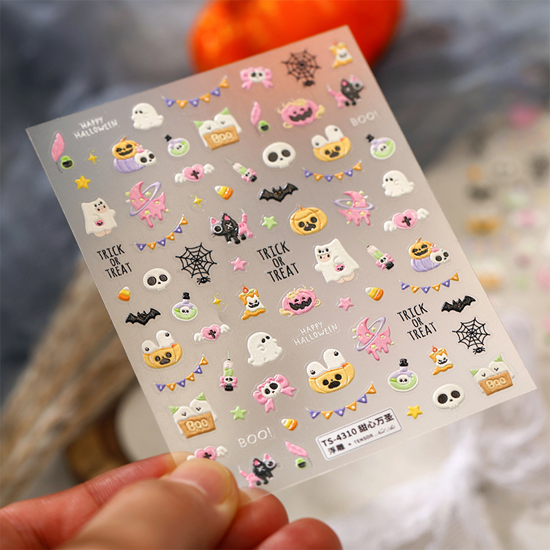 Halloween 3D Self-Adhesive Stickers - 3D Embossed Creepy Cute Spooky Kawaii Decals for Nail Art Decoration
