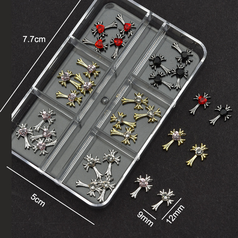 Cross Alloy With Rhinestones Charm - 6-Grid Metallic Alloy Nail Accessories Easy-to-Apply for Creative Eye-Catching Manicures