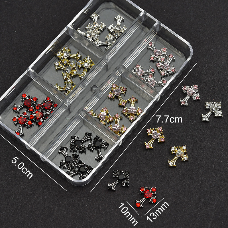 Cross Alloy With Rhinestones Charm - 6-Grid Metallic Alloy Nail Accessories Easy-to-Apply for Creative Eye-Catching Manicures