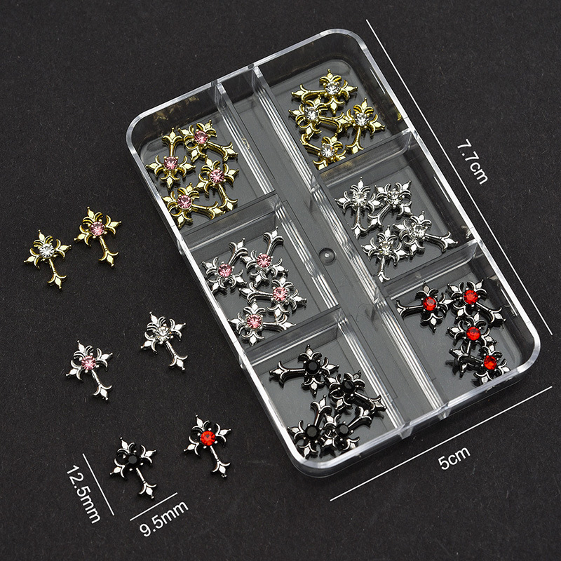 Cross Alloy With Rhinestones Charm - 6-Grid Metallic Alloy Nail Accessories Easy-to-Apply for Creative Eye-Catching Manicures