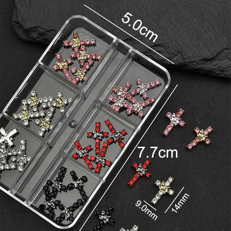 Cross Alloy With Rhinestones Charm - 6-Grid Metallic Alloy Nail Accessories Easy-to-Apply for Creative Eye-Catching Manicures