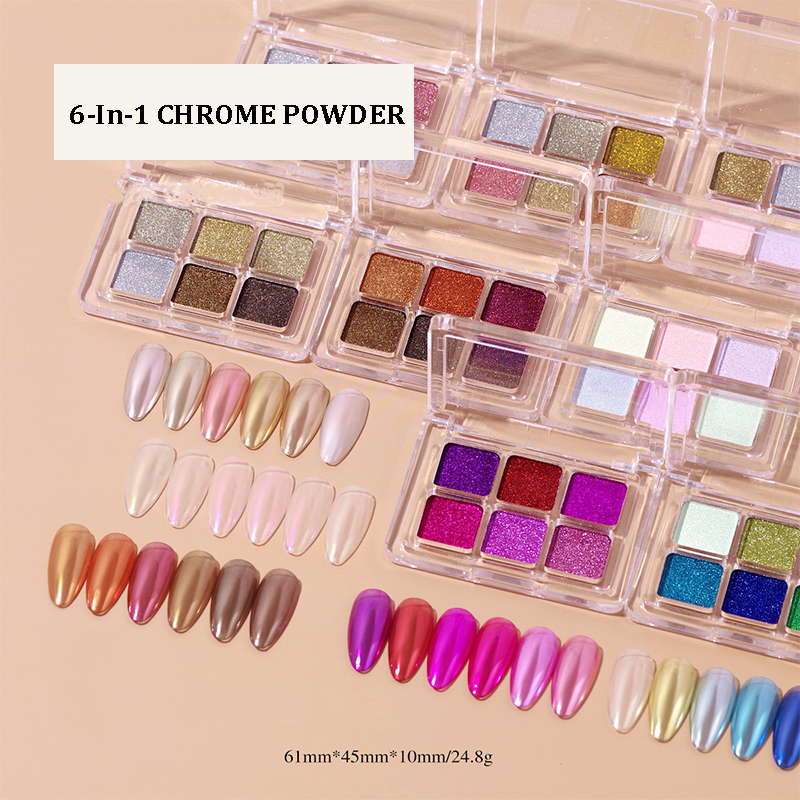Chrome Powder for Beginner Professional - 6-in-1 Colors Holographic Unicorn Iridescent Nail Powder Palette , Metallic Mirror Effect Light Pigment for Nail Art