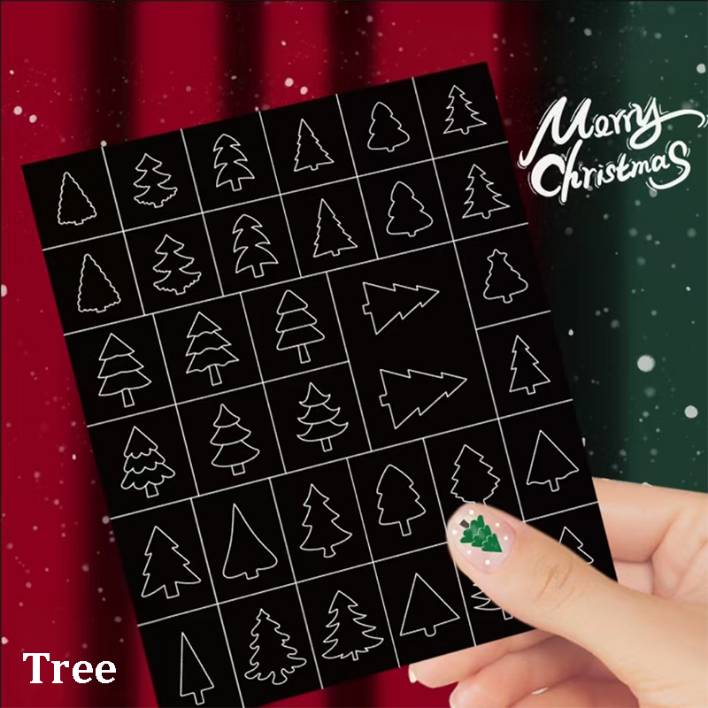 Christmas Stencils - Bells, Tree, Snowman Style Patterns Self-adhesive Reusable Gel Airbrush Nail Guides Decals Templates Stickers Supplies Vinyl for beginners easy DIY Manicure