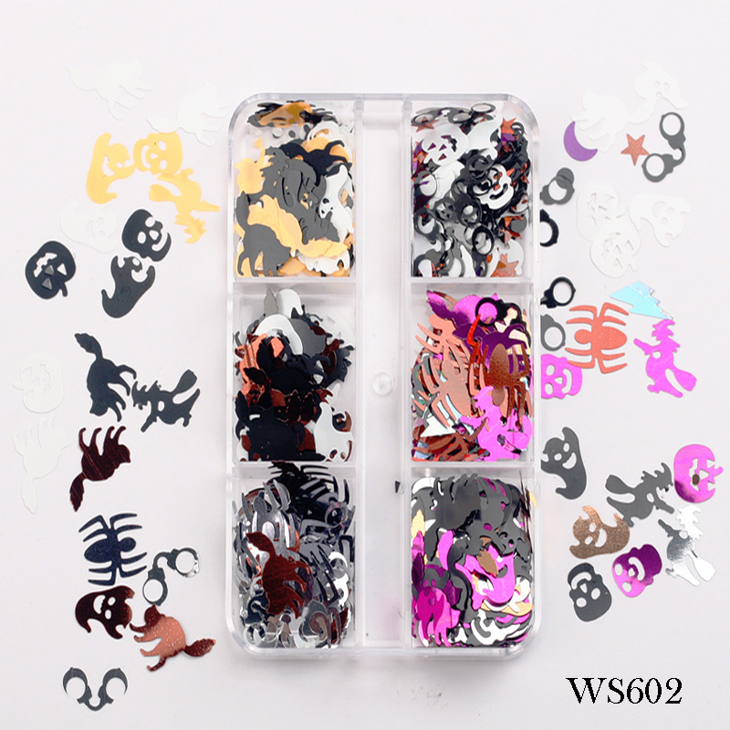 Halloween Mixed Ultra-Thin Sequins - 6 Grids Zero-Lift Engineering Multiple Shape Nail Art Glitter Supplies for Nails DIY Decorations