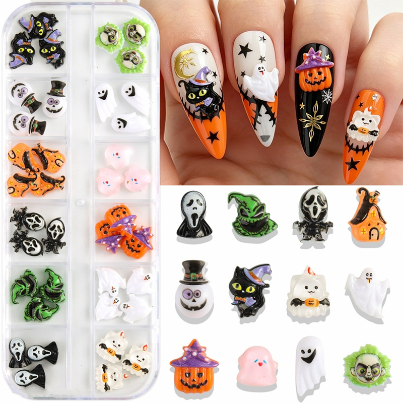 Halloween Resin Charm - 12-Grid Nail Accessories Easy-to-Apply for Creative Eye-Catching Manicures