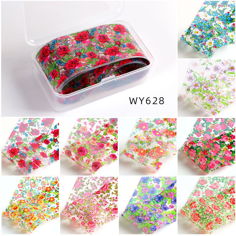 Floral Foil Transfer - 10 Rolls/1 Box Nail Art Decals for DIY Decorations Supplies Design