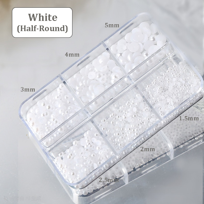 Round and Half Round Pearls - 6-Grid Off-White White Multiple sizes Nail 3D Art Accessories Charms and Gems Easy-to-Apply for Beginner Professional Creative Eye-Catching Manicures