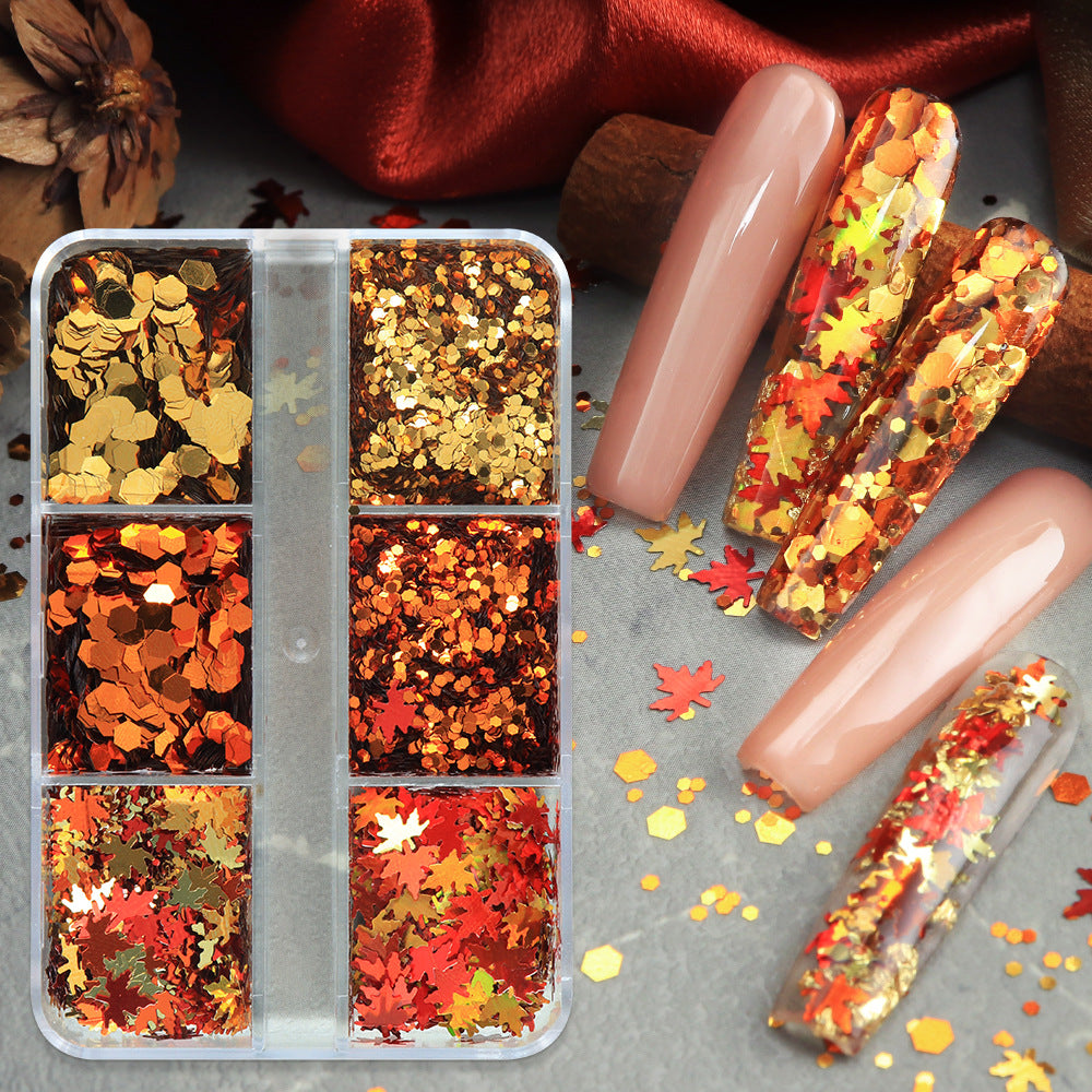 Maple Leaf and Hexagon Sequins - Thin 6 Colors 3D Holographic Colorful Nail Art Glitter Supplies for Nails DIY Decorations