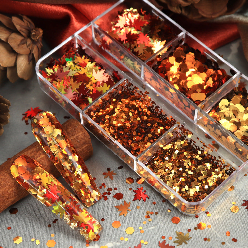 Maple Leaf and Hexagon Sequins - Thin 6 Colors 3D Holographic Colorful Nail Art Glitter Supplies for Nails DIY Decorations