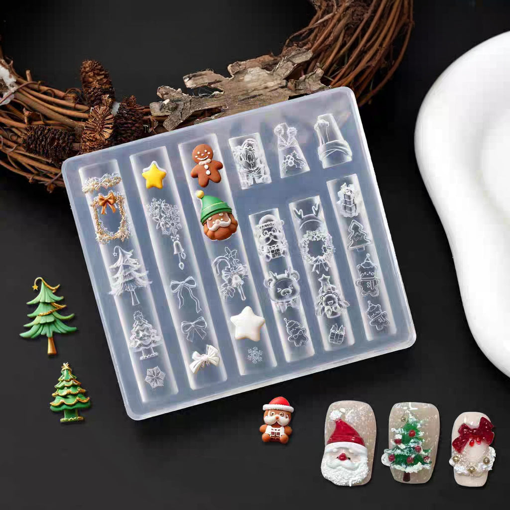 Christmas Silicone Mold - Deep Groove for 3D Nail Charm, Snowman Santa Reindeer Nail Art Sculpture Decoration Carving Templates for DIY Precise Pattern