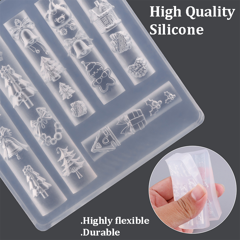 Christmas Silicone Mold - Deep Groove for 3D Nail Charm, Snowman Santa Reindeer Nail Art Sculpture Decoration Carving Templates for DIY Precise Pattern