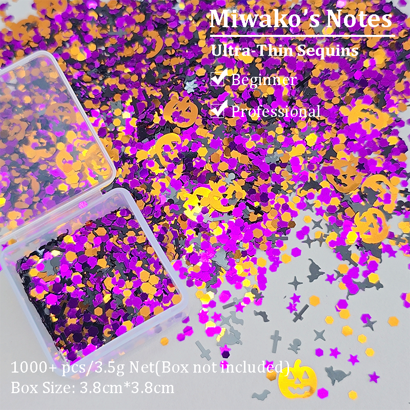 Halloween Sequins - Ultra-Thin Mix Skull Pumpkin Bat Ghost Cat Witch Design 3D Holographic Nail Art Glitter Supplies for Nails DIY Decorations