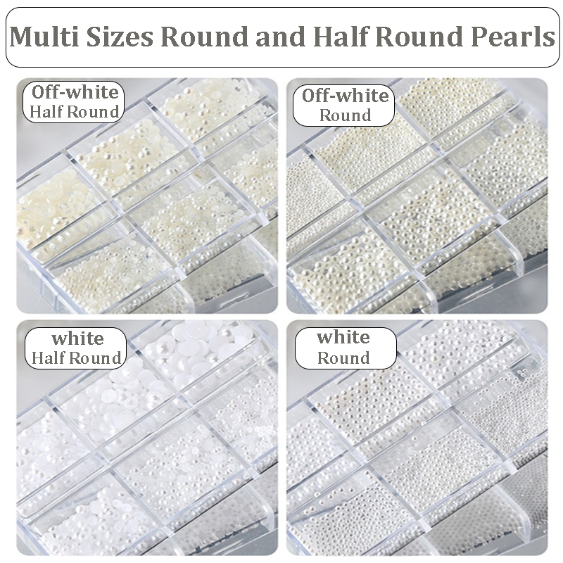 Round and Half Round Pearls - 6-Grid Off-White White Multiple sizes Nail 3D Art Accessories Charms and Gems Easy-to-Apply for Beginner Professional Creative Eye-Catching Manicures